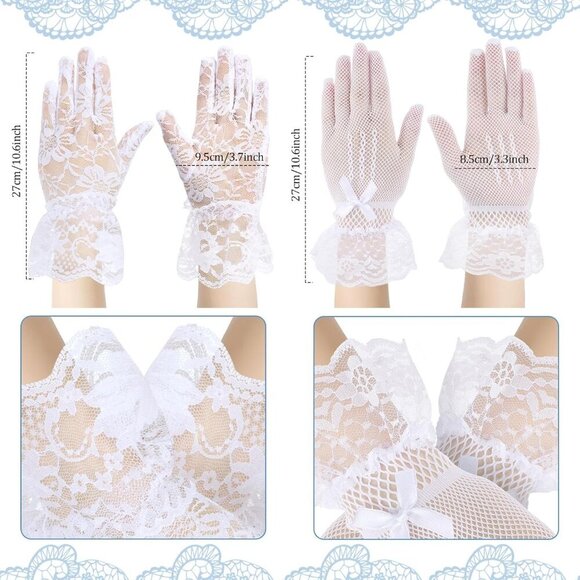 4 Pairs Tea Party Gloves for Little Girls Kids Lace Short White Satin Princess D - Picture 4 of 7
